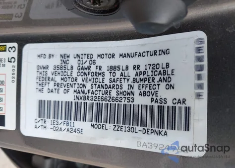 2006 Toyota Corolla Le from USA, damaged, VIN 1NXBR32E66Z662753